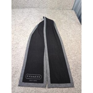 Coach Scarf Black Grey‎ 100% Merino Wool Reversible Logo Winter Accessory